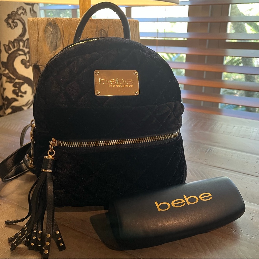bebe Black Quilted Velvet Mini Backpack with Gold Hardware